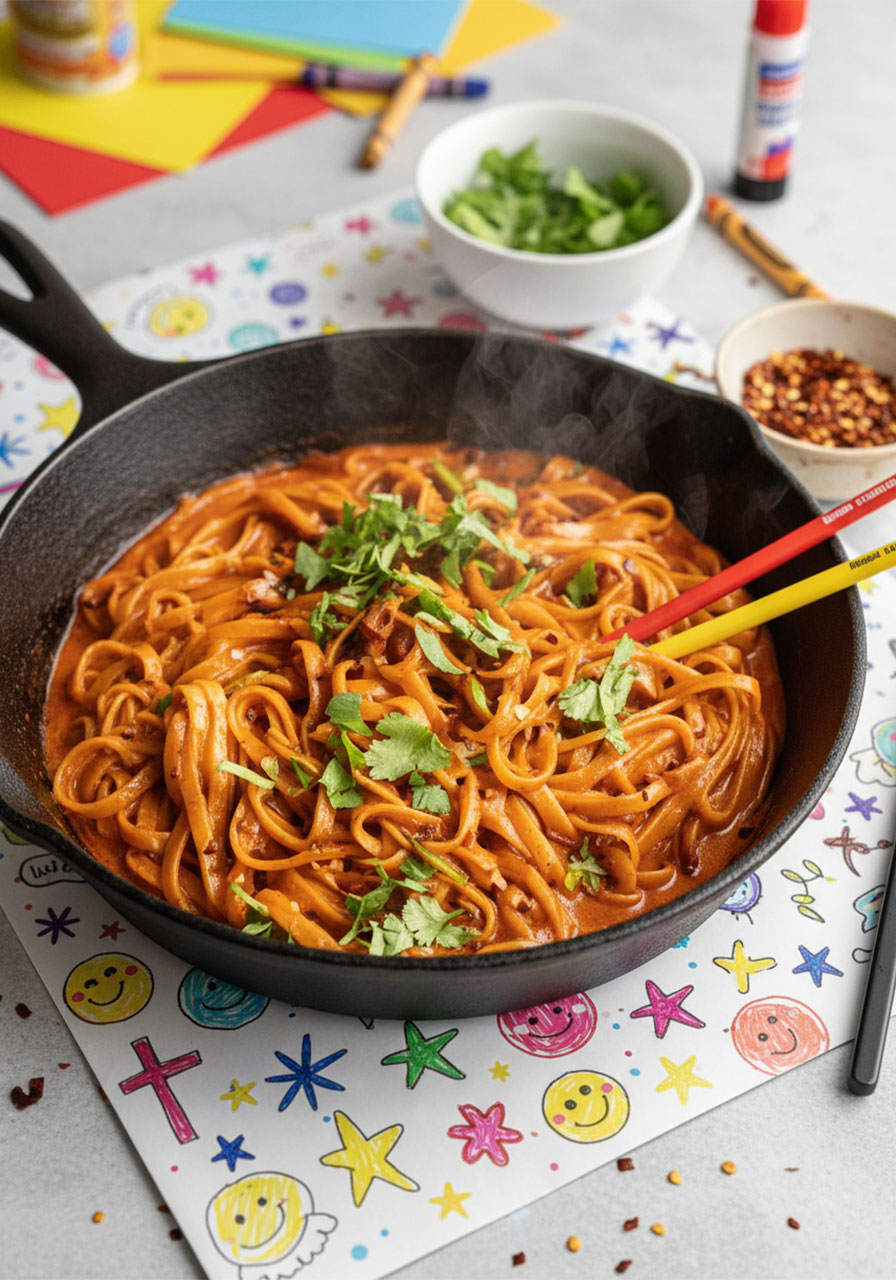 Thai red curry noodles simmering in a cast iron skillet with creamy coconut curry sauce and fresh cilantro