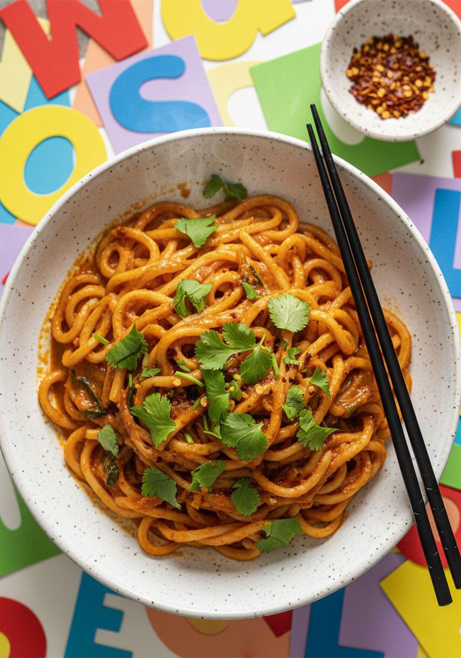 A bowl of Thai red curry noodles garnished with fresh cilantro and red pepper flakes, a quick 15-minute vegan dinner recipe