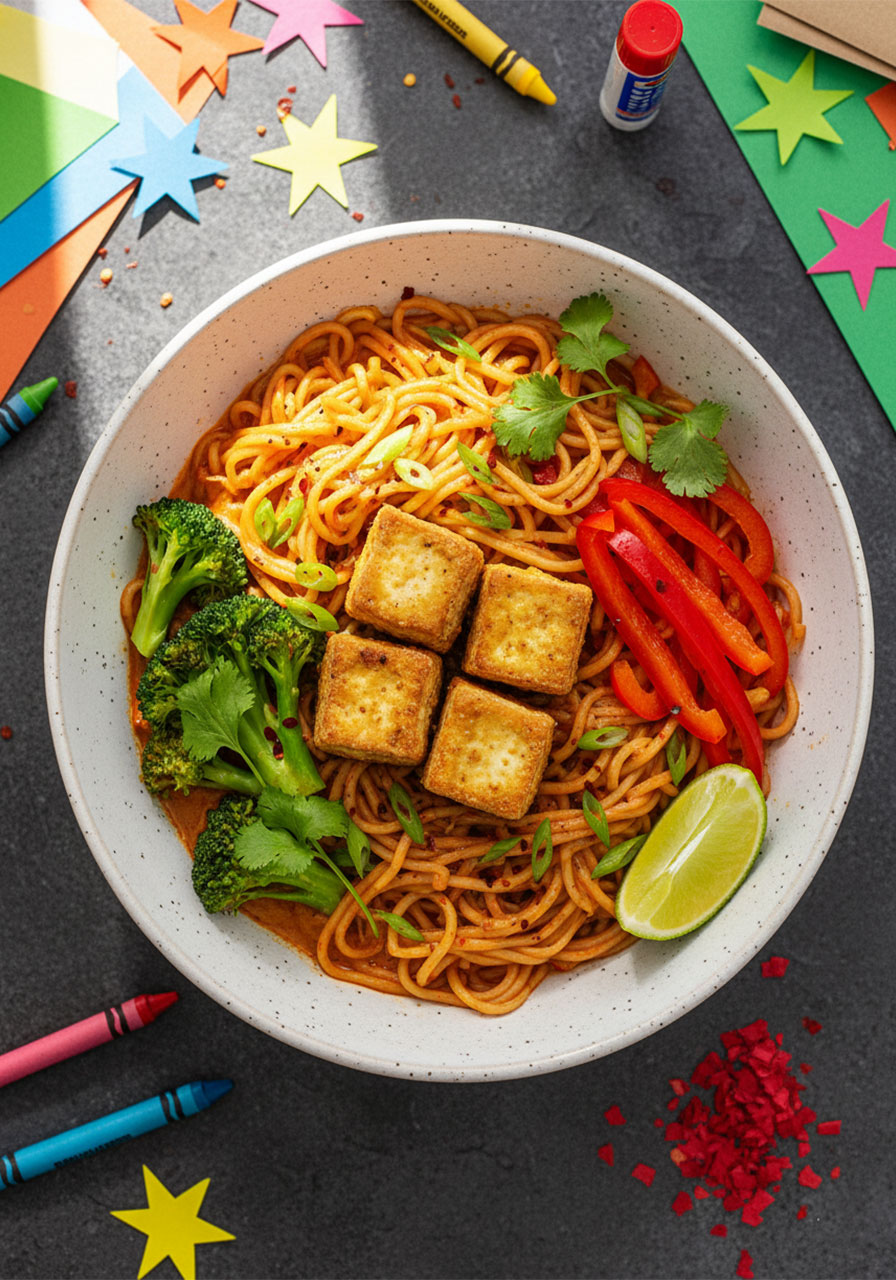 Thai red curry noodle bowl topped with crispy tofu, steamed broccoli, and red bell pepper for a complete vegan dinner