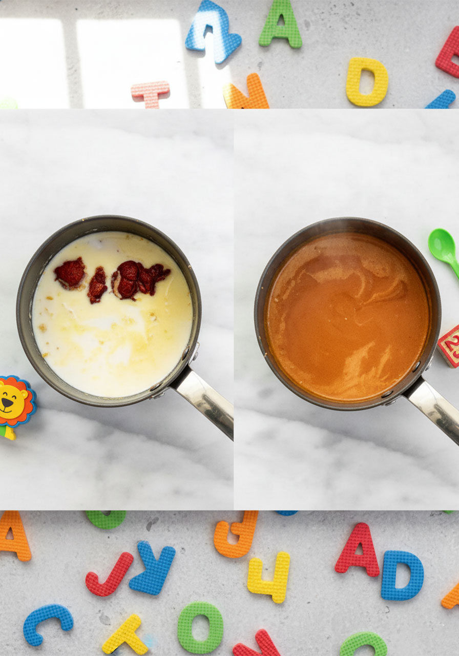 Step-by-step process of making Thai red curry coconut sauce showing before and after whisking in a saucepan