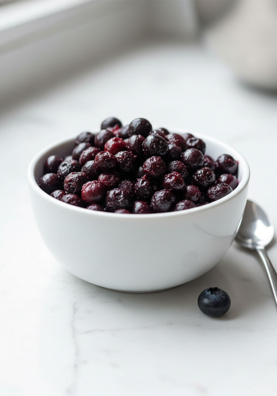 Thawed frozen blueberries in white bowl releasing dark purple juice, ready to add to blueberry cookie dough