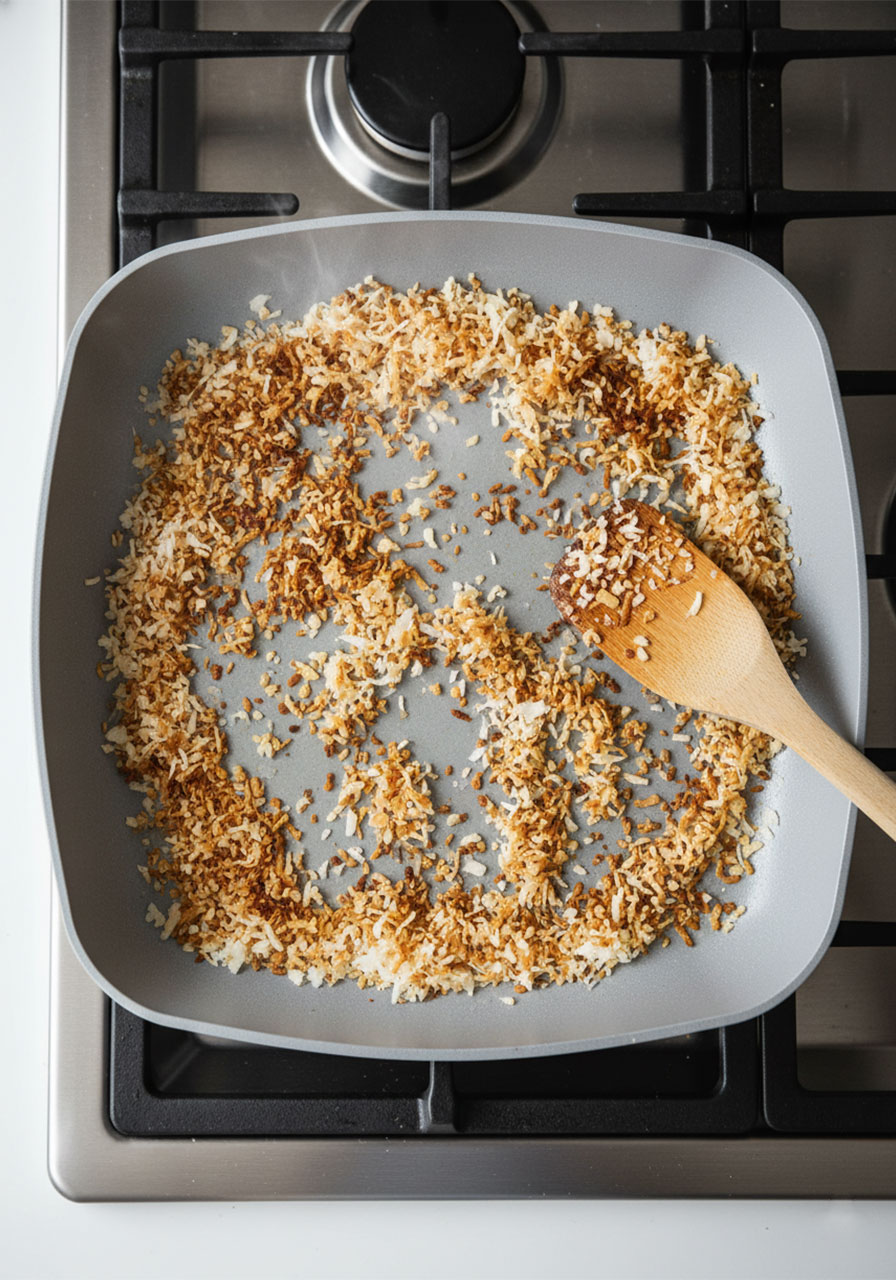 Toasting unsweetened shredded coconut in skillet on stovetop for healthy homemade Samoa cookie recipe