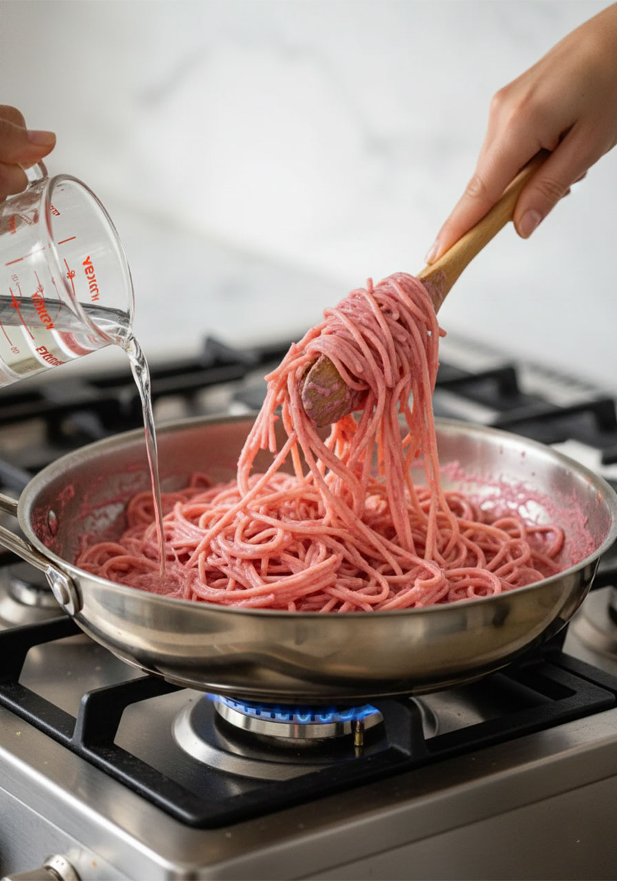 Tossing cooked spaghetti in creamy pink beet cashew sauce in a skillet with pasta water