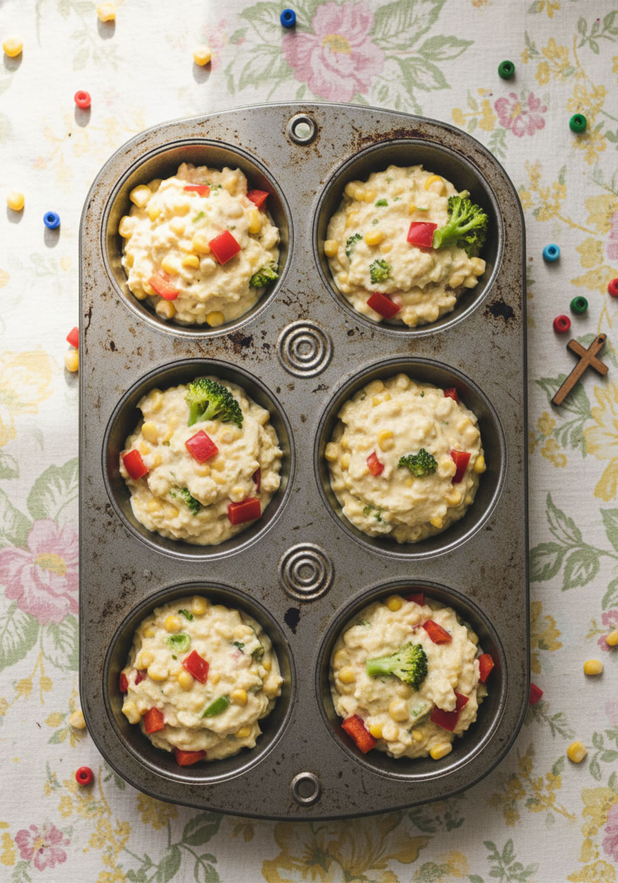 Six cups of vegan egg muffin batter filled in a metal muffin tin before baking, showing tofu base with broccoli, red bell pepper, and corn