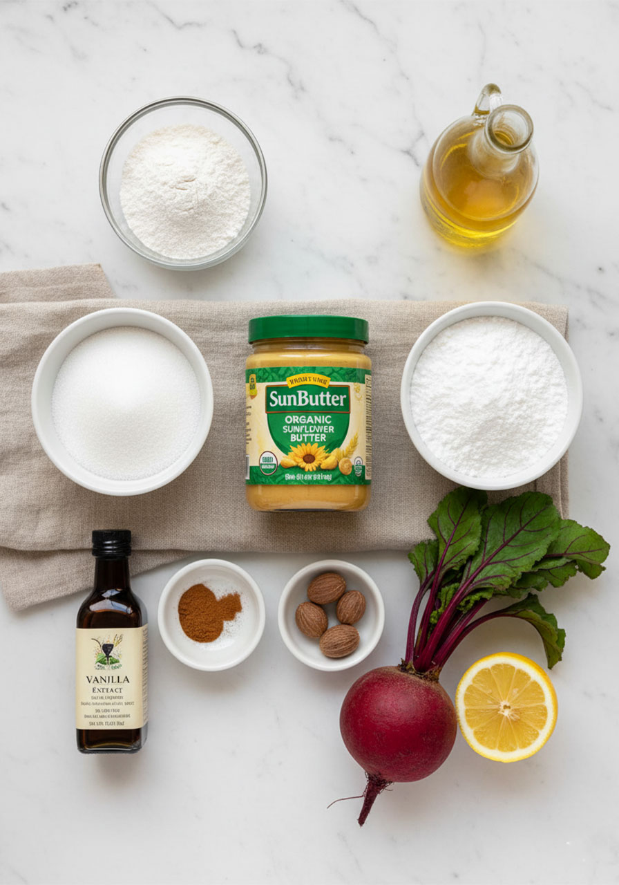 All ingredients for homemade vegan frosted animal crackers including SunButter sunflower seed butter gluten-free flour and raw beet for natural pink glaze