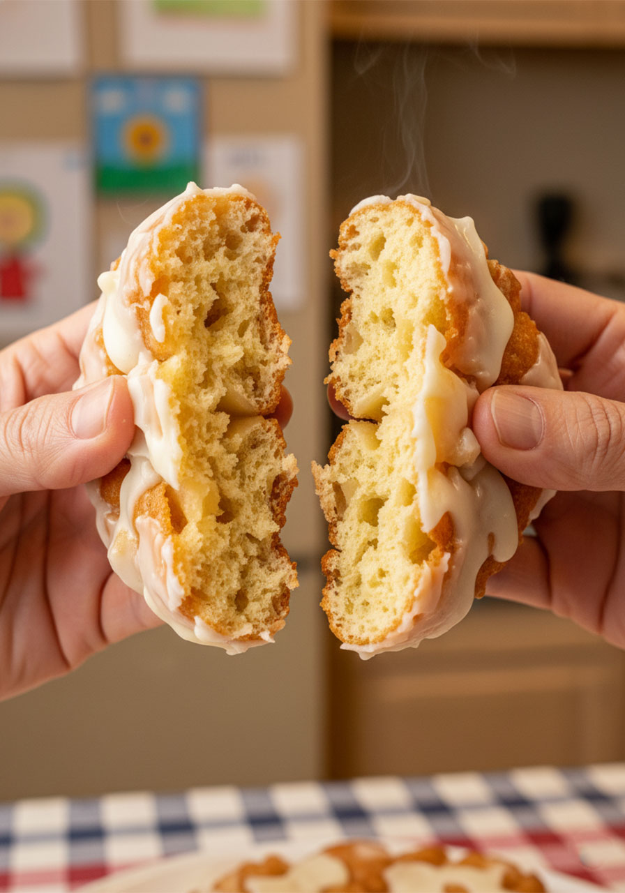 Inside cross-section of a vegan apple fritter showing soft apple pieces and fluffy interior