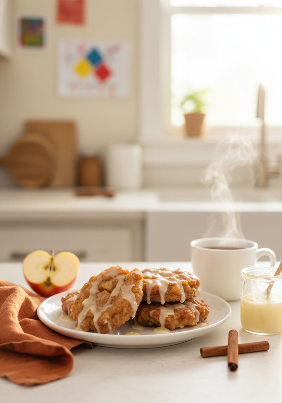 Vegan apple fritters served on a white plate at a cozy autumn breakfast table setting