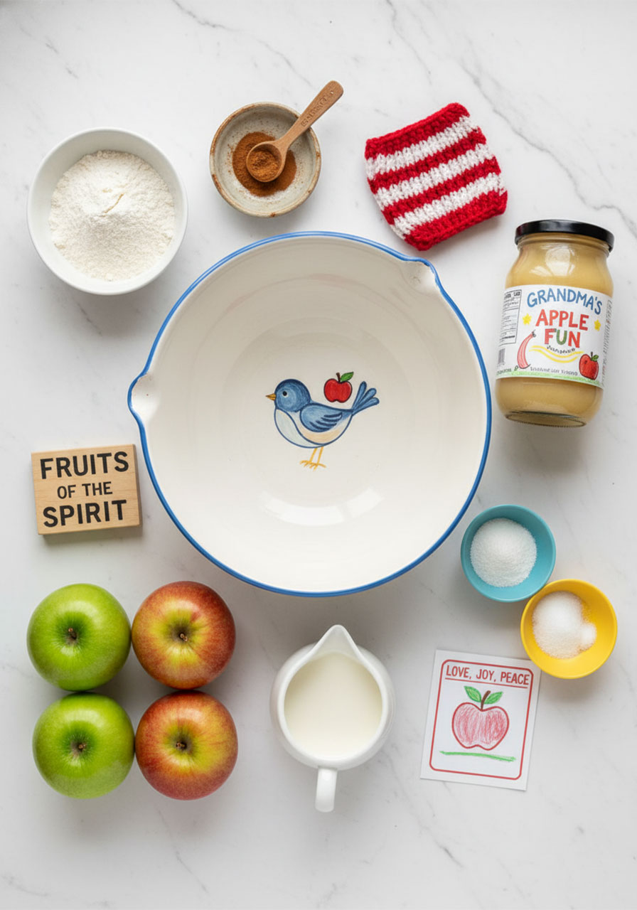 All ingredients needed for easy vegan apple fritters laid out on marble surface