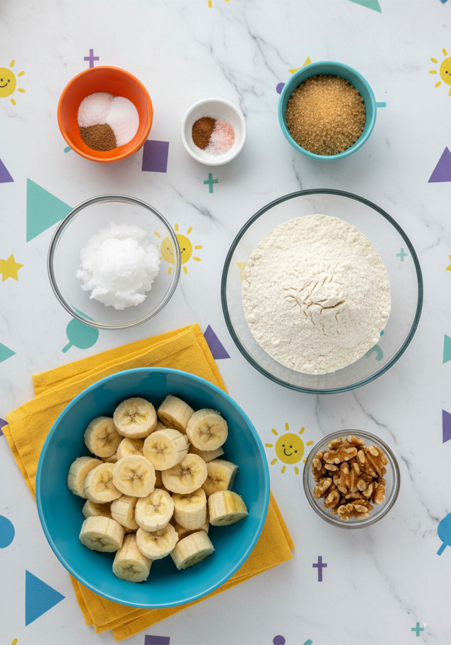 All ingredients for easy vegan banana nut bread including ripe bananas, walnuts, coconut sugar, flour, and oil