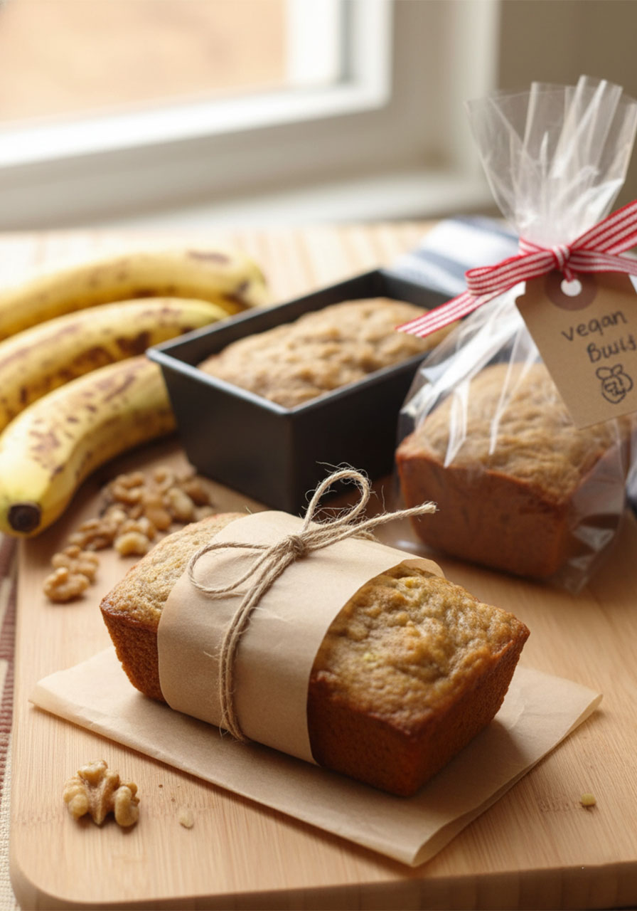 Vegan banana nut bread mini loaves wrapped as homemade gifts with ribbon and gift tags