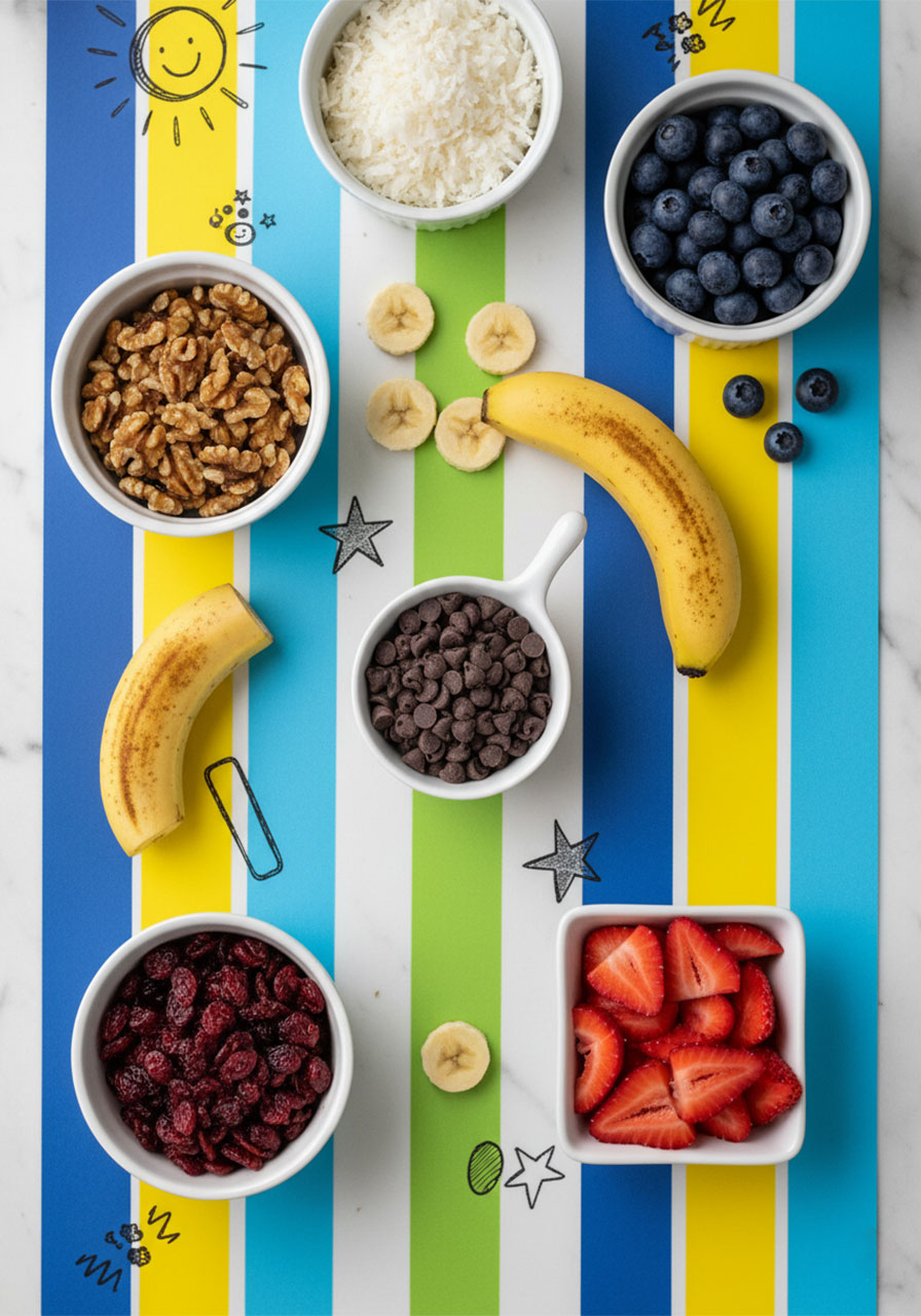 Various mix-in options for vegan banana bread including chocolate chips, walnuts, blueberries, and dried cranberries