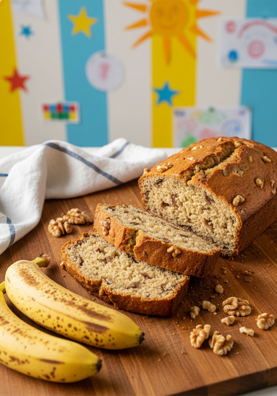 Freshly sliced vegan banana nut bread on a wood cutting board with walnuts and ripe bananas