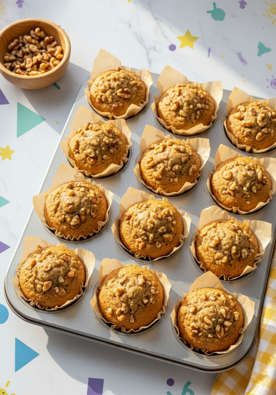 Golden baked vegan banana walnut muffins in a parchment-lined muffin pan topped with chopped walnuts