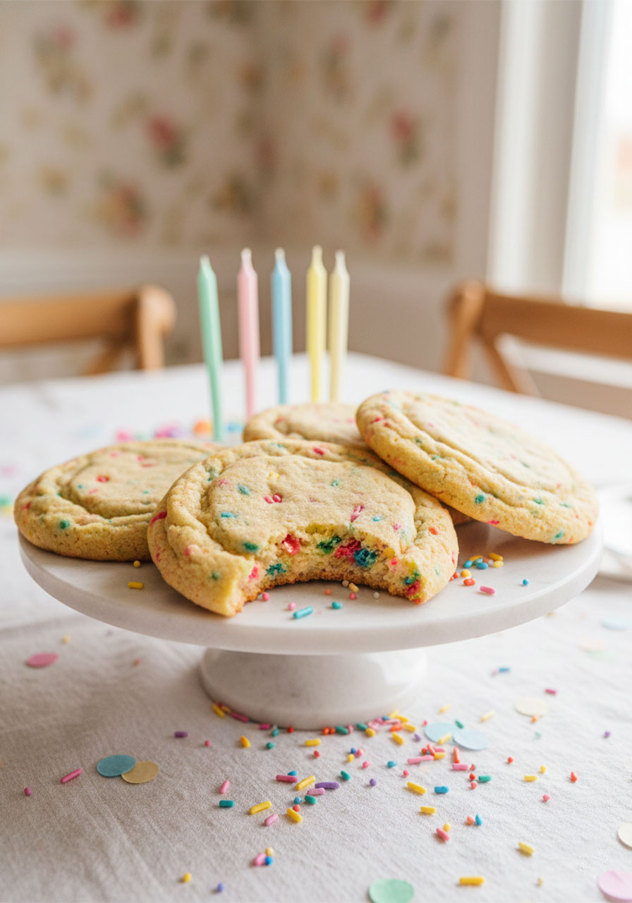 Vegan funfetti birthday cake sugar cookies with rainbow sprinkles displayed on a white cake stand for a celebration