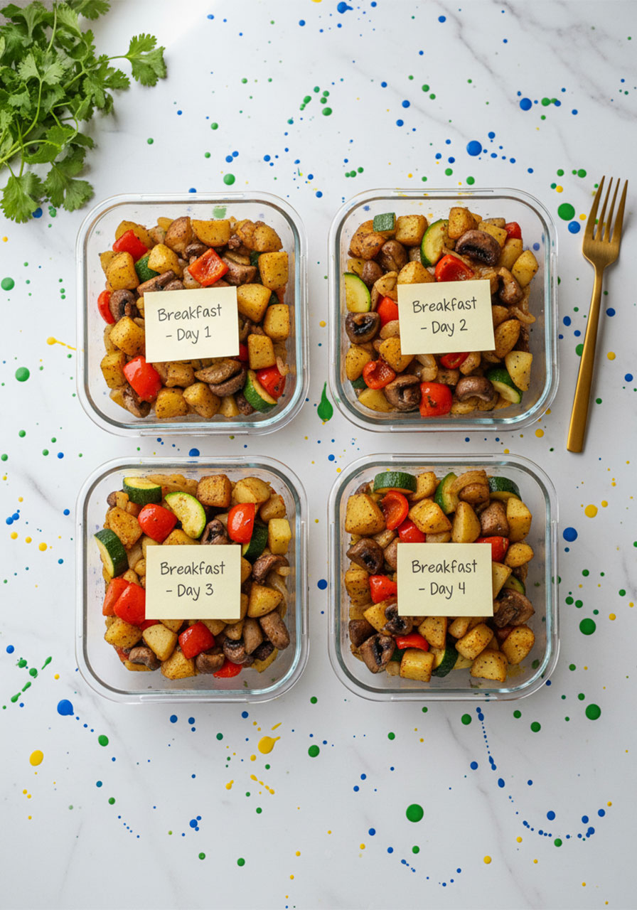 Four meal prep containers filled with vegan breakfast hash for the week showing easy breakfast meal prep idea