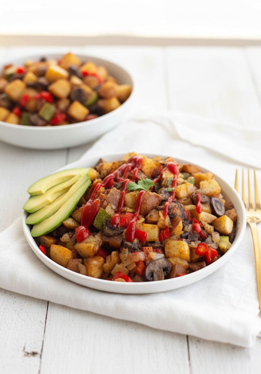 Single serving of high-protein vegan breakfast hash topped with avocado and fresh cilantro on a white plate