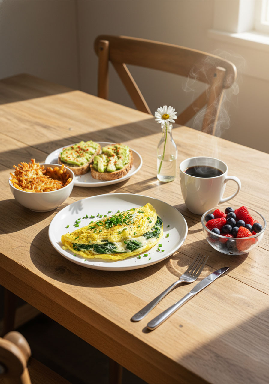 Vegan breakfast table spread with tofu omelette hash browns avocado toast fresh berries and coffee for complete morning meal