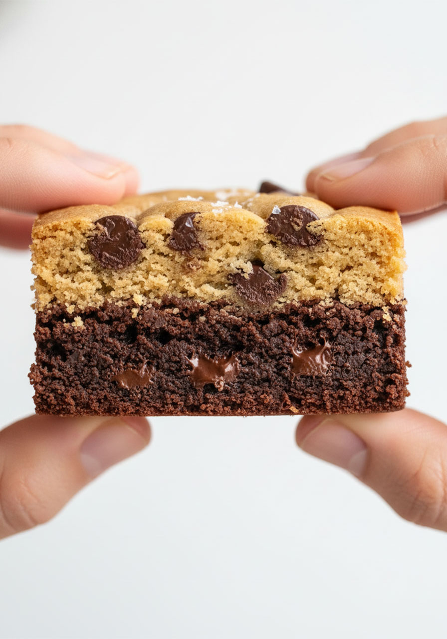 Cross-section of vegan brookie bar showing distinct fudgy brownie bottom and chewy cookie top layers