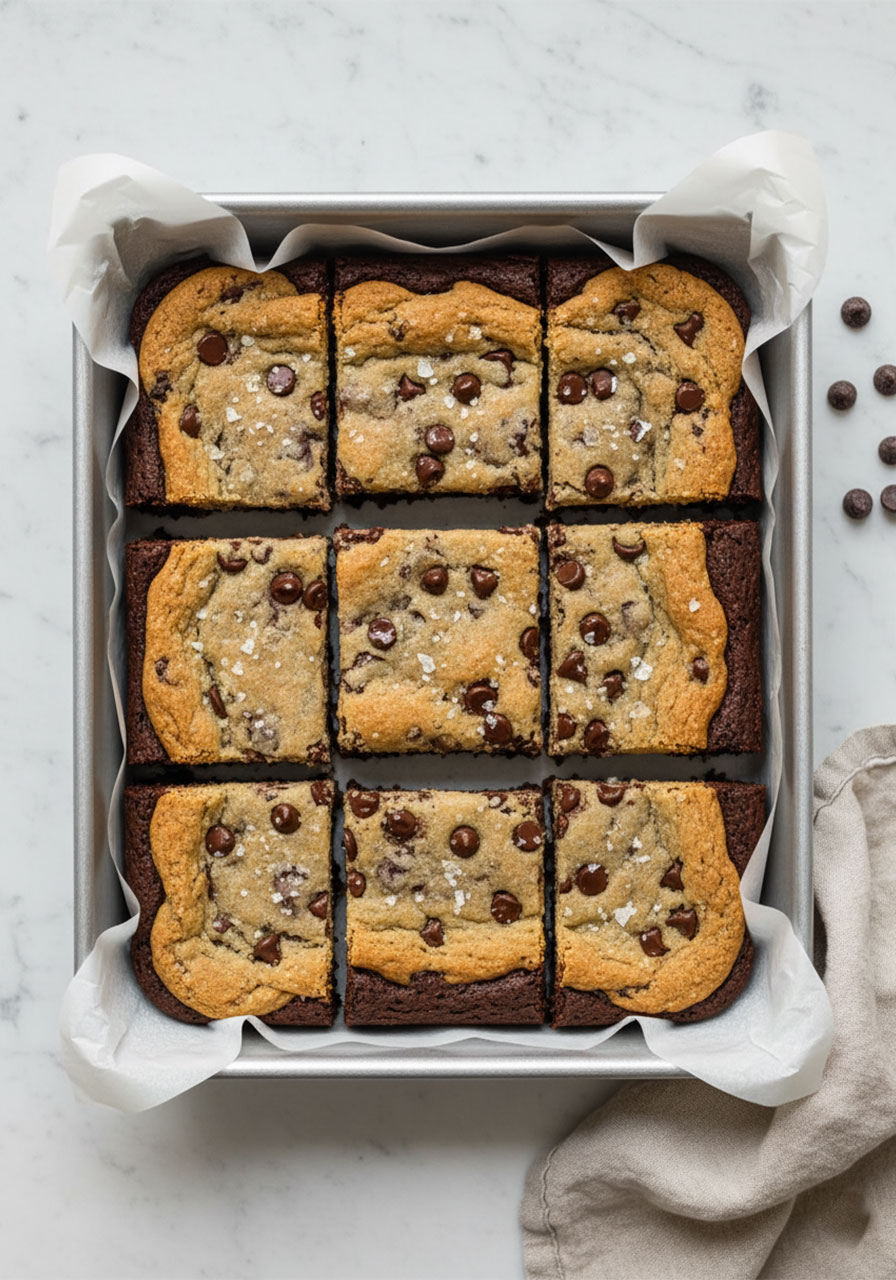 Overhead view of sliced vegan brookie bars in parchment-lined baking pan showing brownie and cookie layers