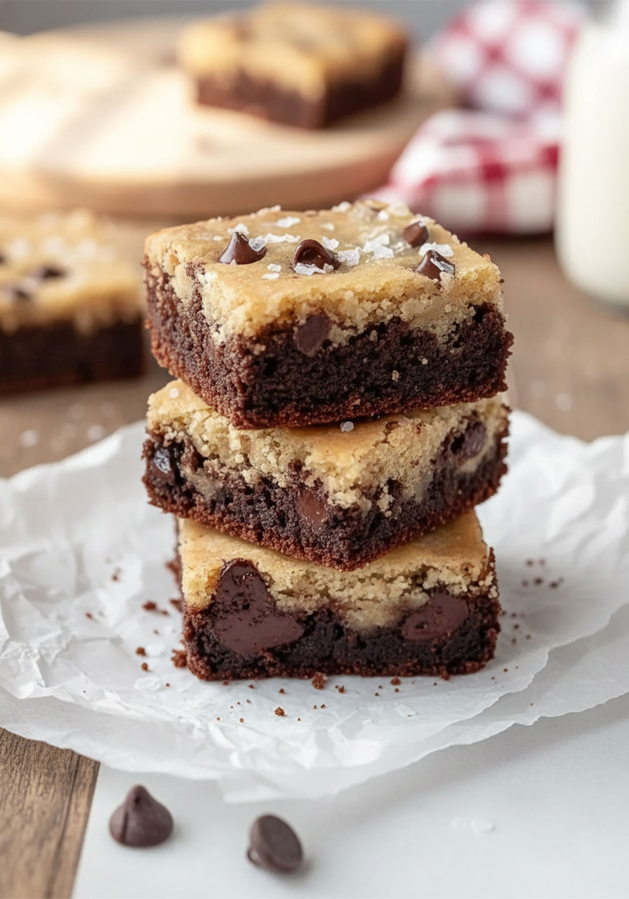 Stacked double layer vegan brookies with fudgy brownie base and chewy chocolate chip cookie top sprinkled with flaky sea salt