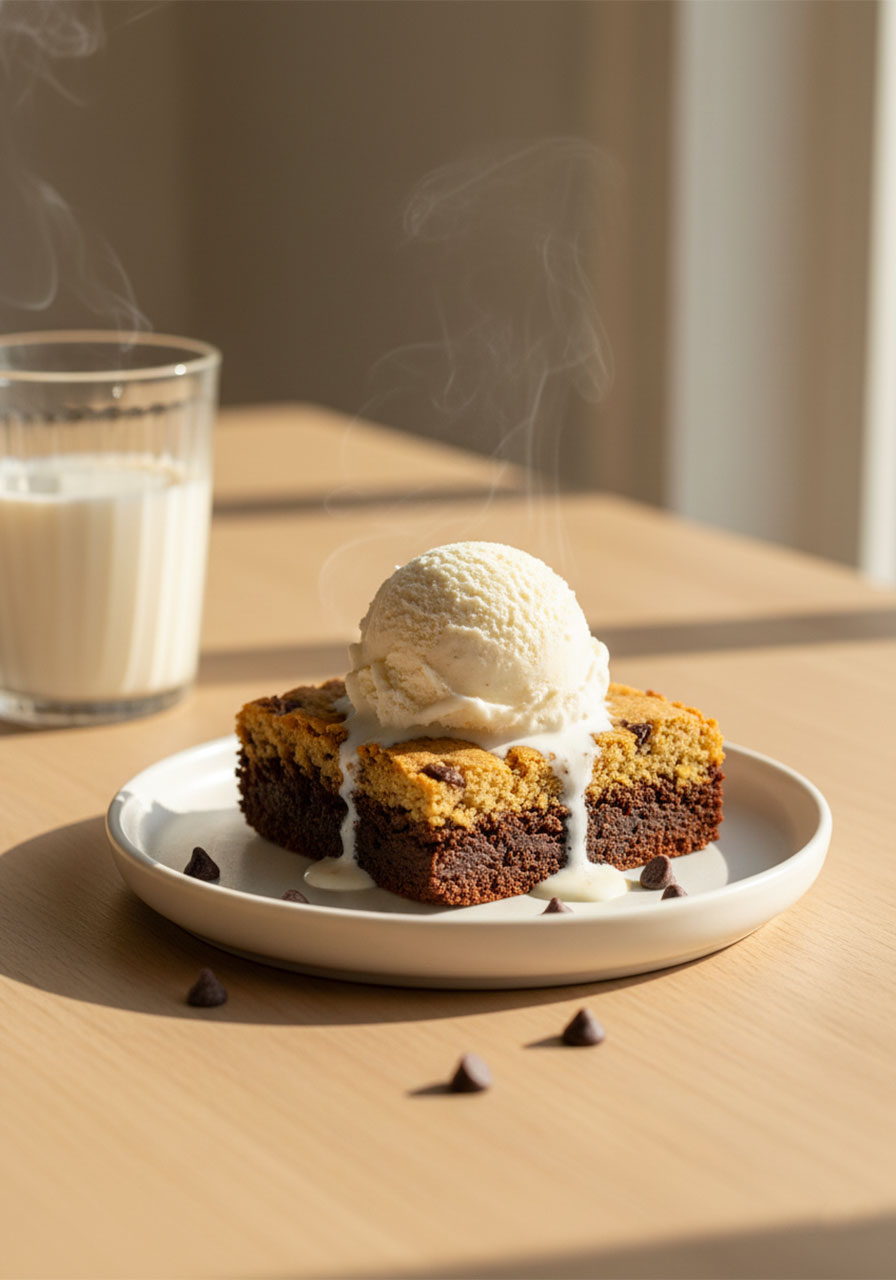 Warm vegan brookie topped with melting dairy-free vanilla ice cream served on white plate with oat milk