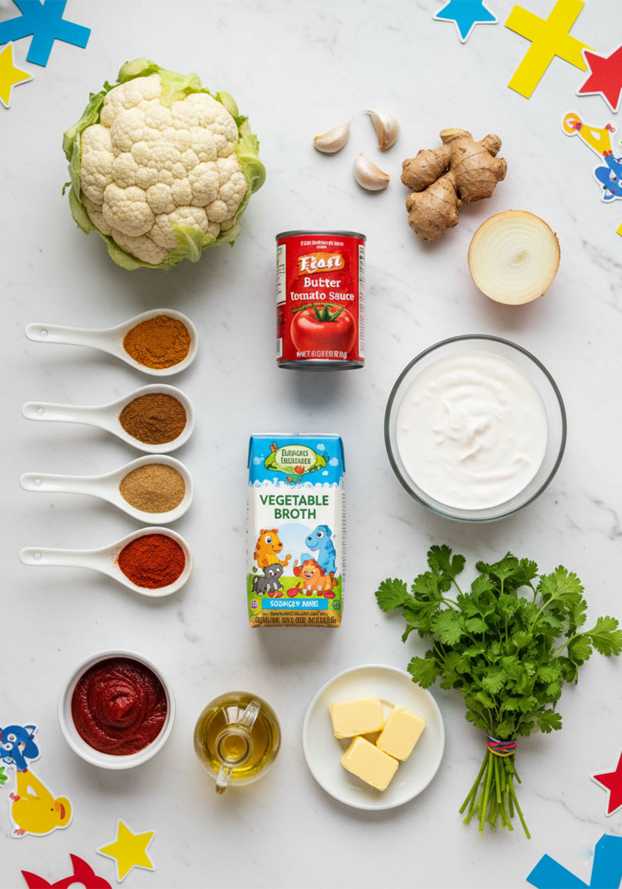 All ingredients for vegan butter cauliflower recipe including cauliflower, spices, tomato sauce, coconut milk and fresh herbs laid out on marble surface