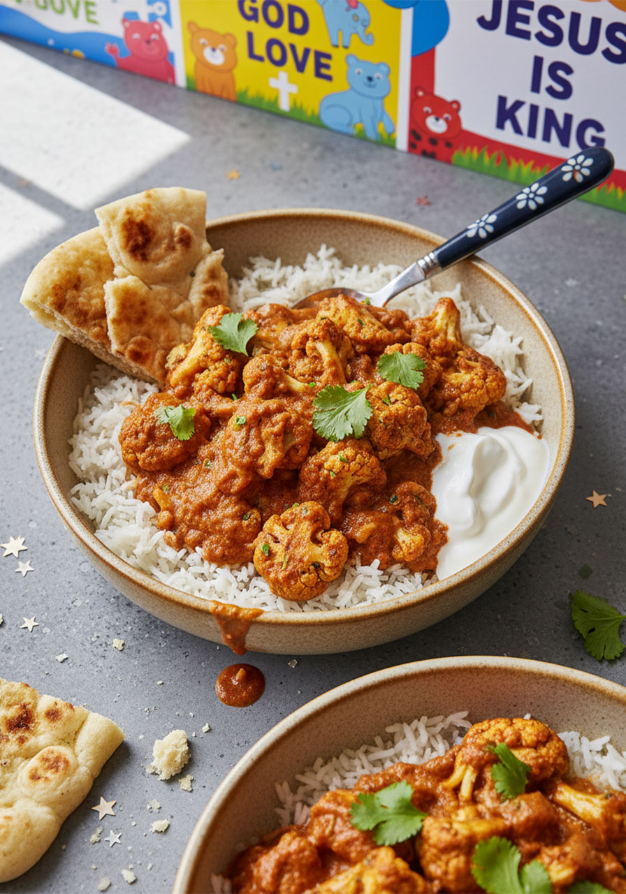 Vegan butter cauliflower served over basmati rice with coconut yogurt and fresh cilantro in a ceramic bowl