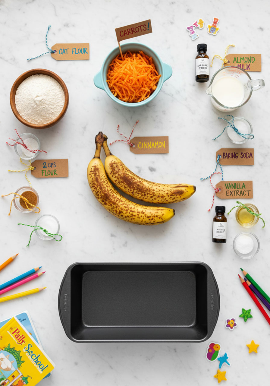 Flat lay of all ingredients for vegan carrot cake banana bread including overripe bananas, shredded carrots, oat flour, maple syrup, and spices on a white marble surface