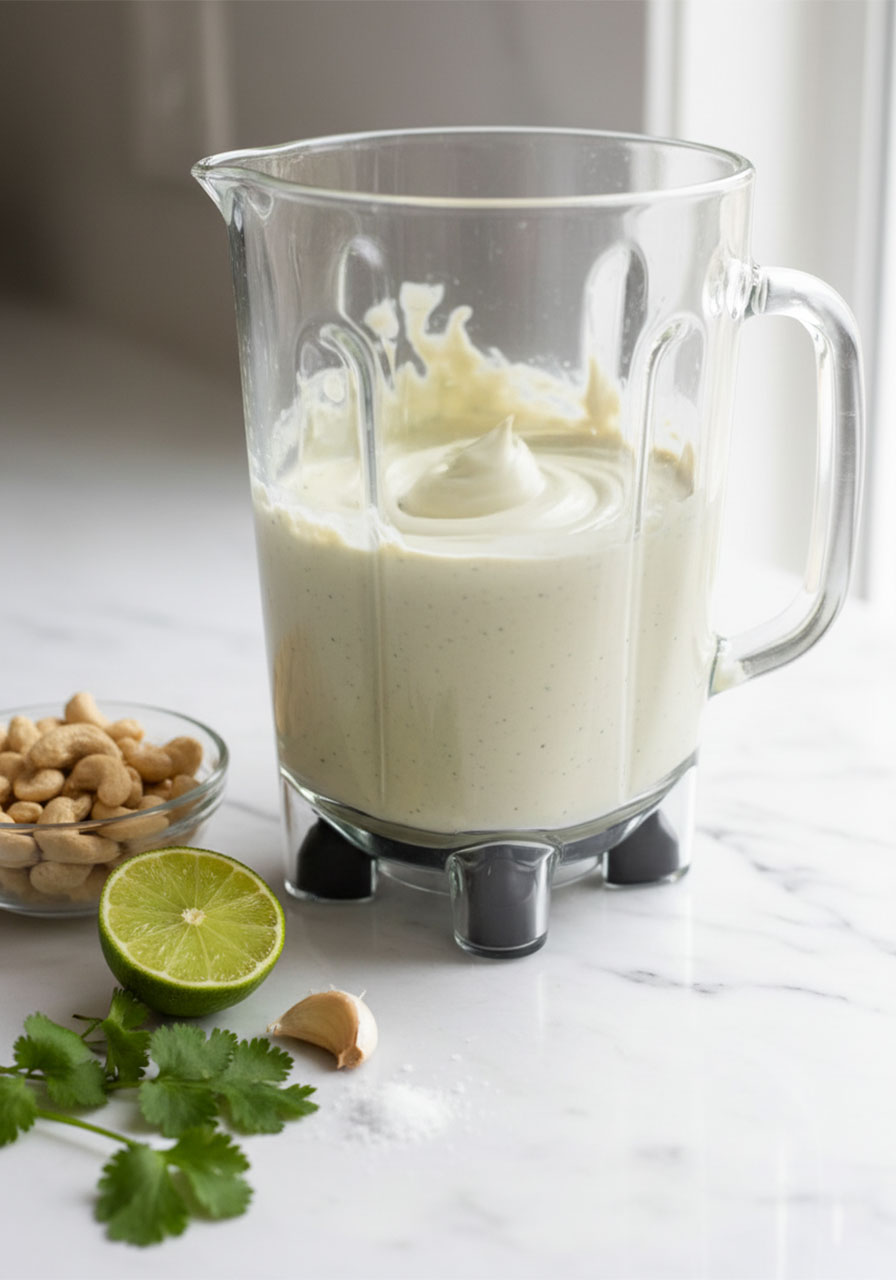 High-speed blender making vegan cashew cilantro lime crema with soaked cashews, fresh cilantro, lime, and garlic visible on white marble countertop