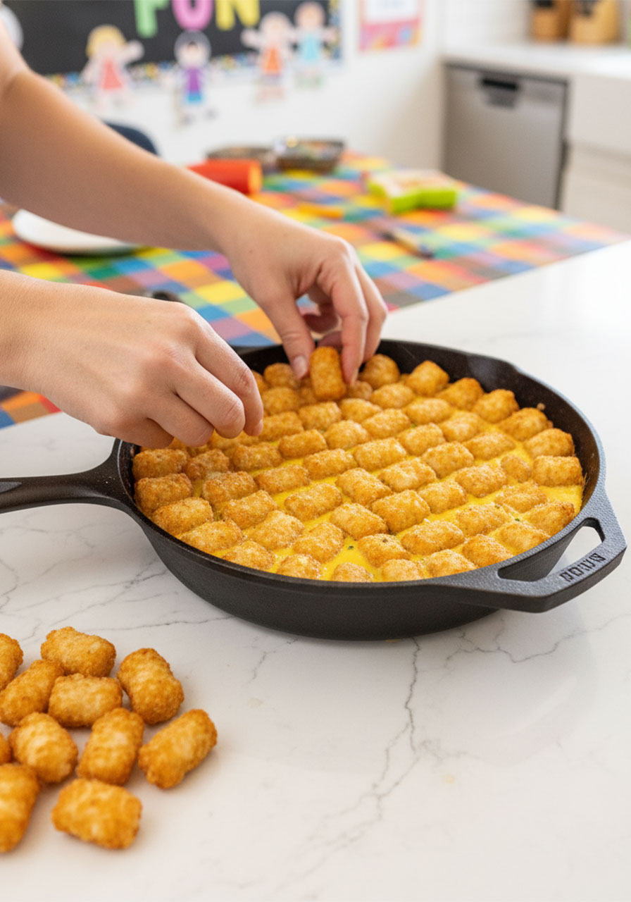 Placing frozen tater tots in a layer over vegan egg mixture in cast iron skillet to top the breakfast casserole