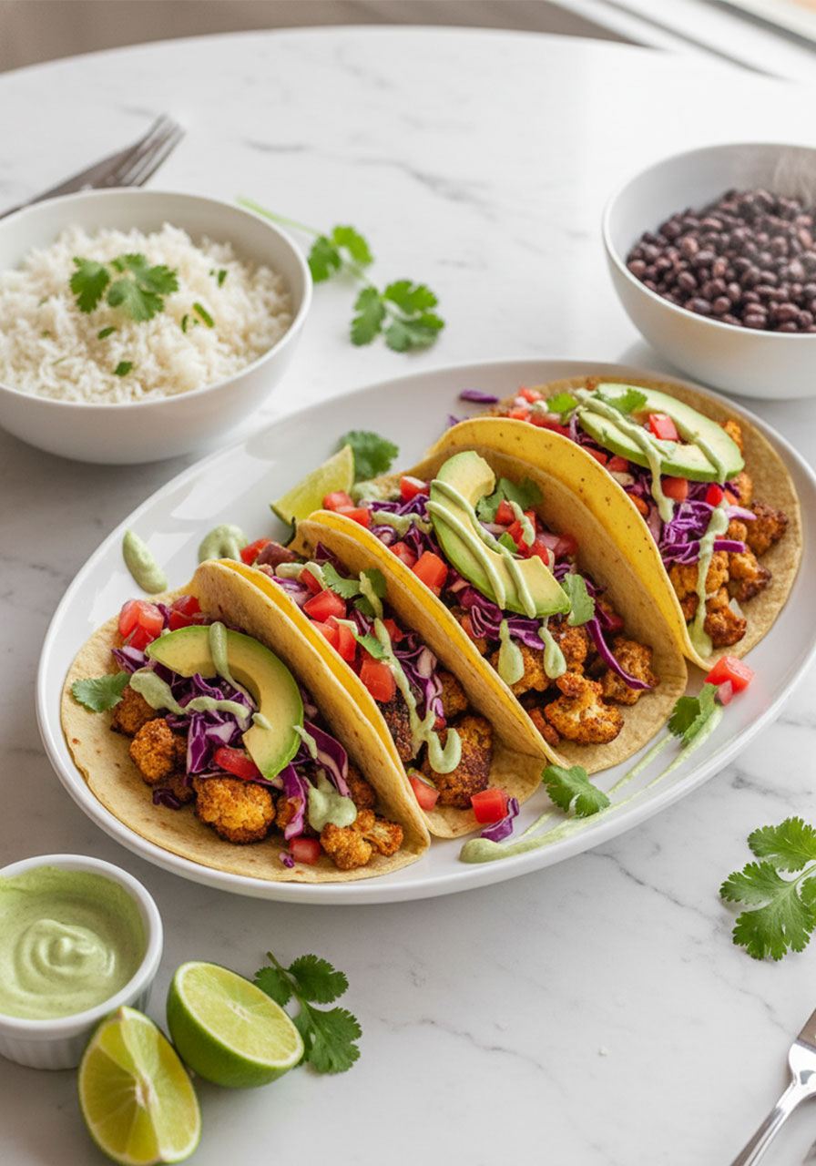 Full vegan cauliflower taco dinner spread with assembled tacos, cilantro lime rice, black beans, and cashew crema on a white marble table