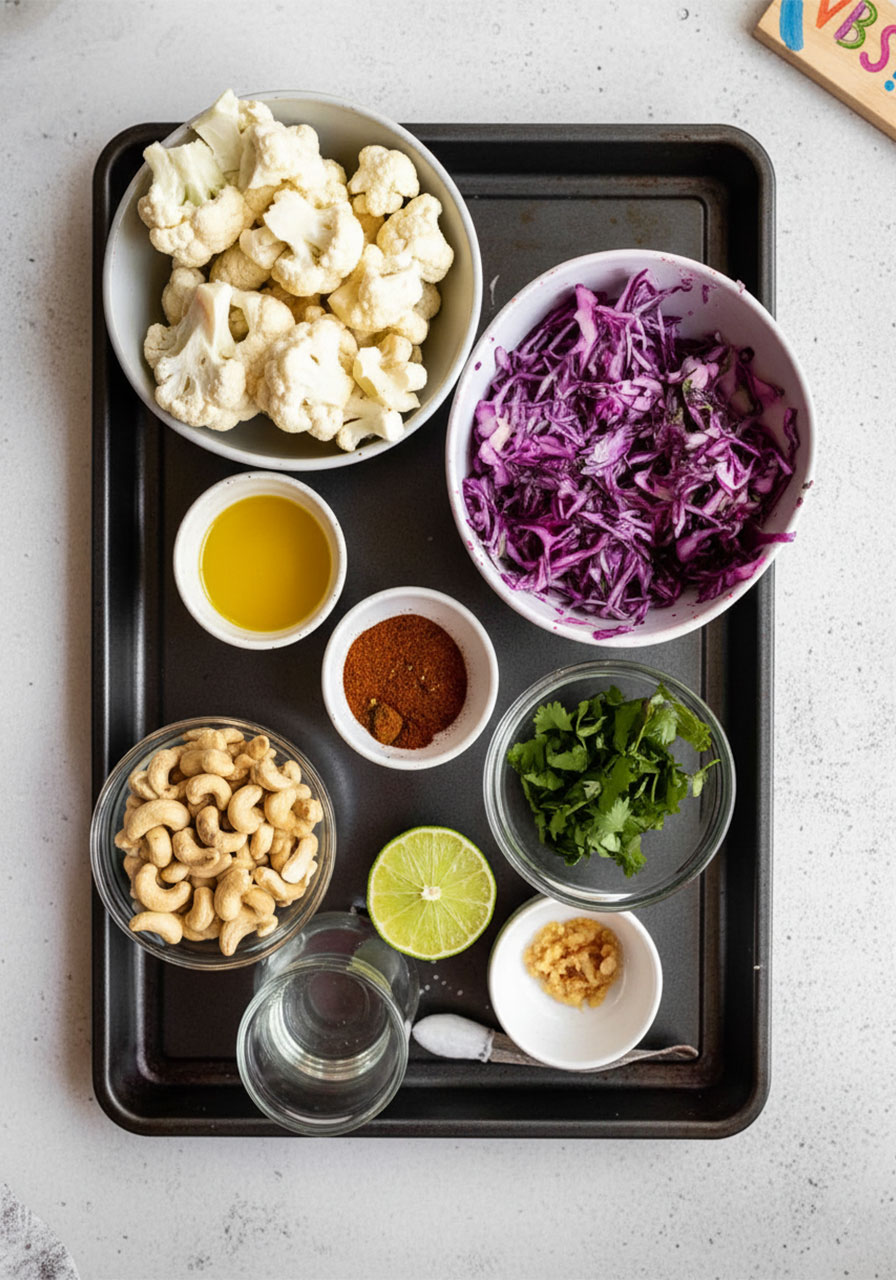 All ingredients for vegan cauliflower tacos with cilantro lime crema laid out on a dark baking tray including raw cauliflower, cashews, purple cabbage, lime, cilantro, and spices