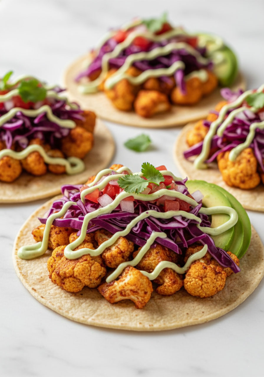 Three assembled vegan cauliflower tacos on corn tortillas with roasted spiced cauliflower, purple cabbage slaw, avocado, pico de gallo, and cilantro lime crema drizzle