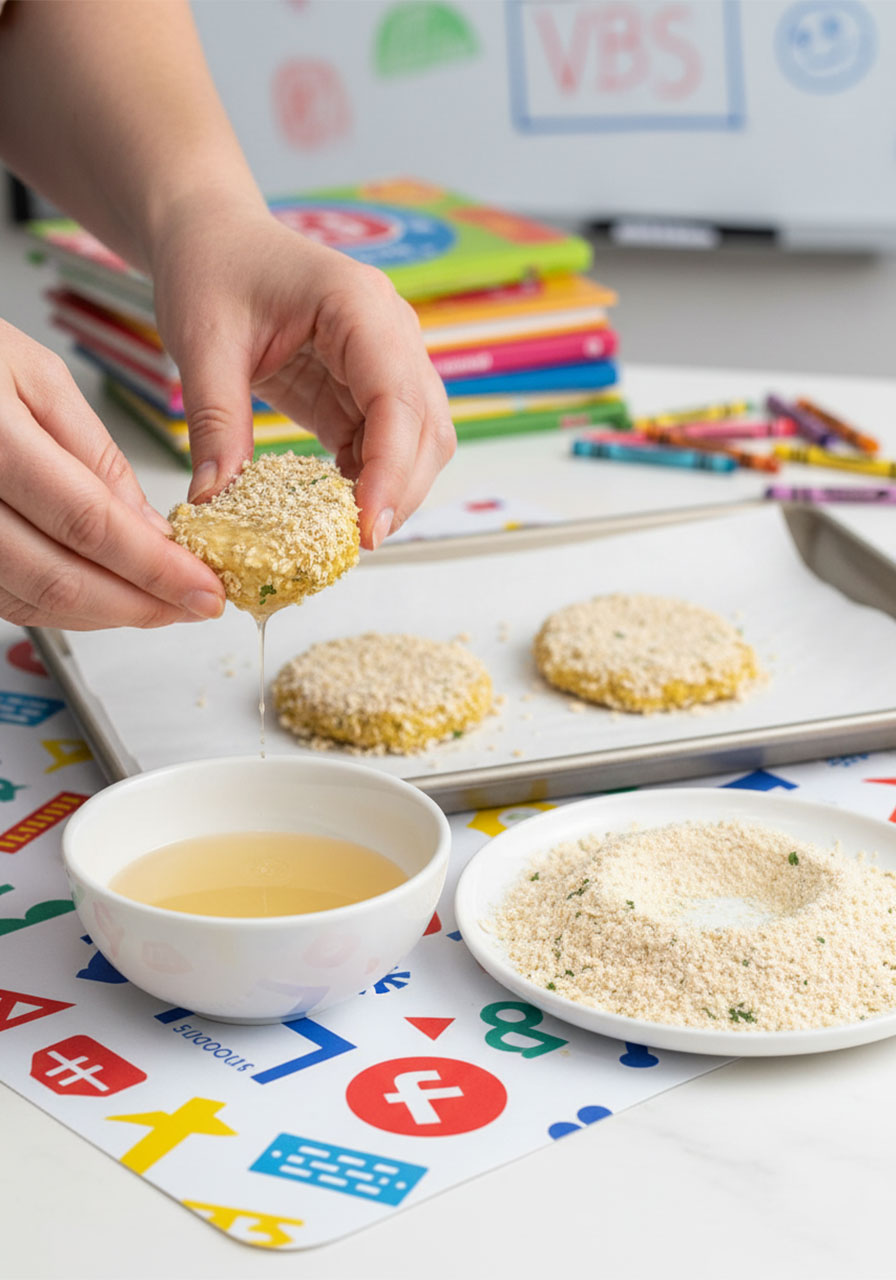 Hands double-coating shaped chickpea nuggets in oat flour and aquafaba for crispy breading