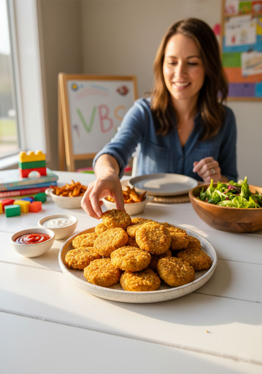 Family dinner table with a plate of crispy vegan chickpea nuggets served with dipping sauces and side salad