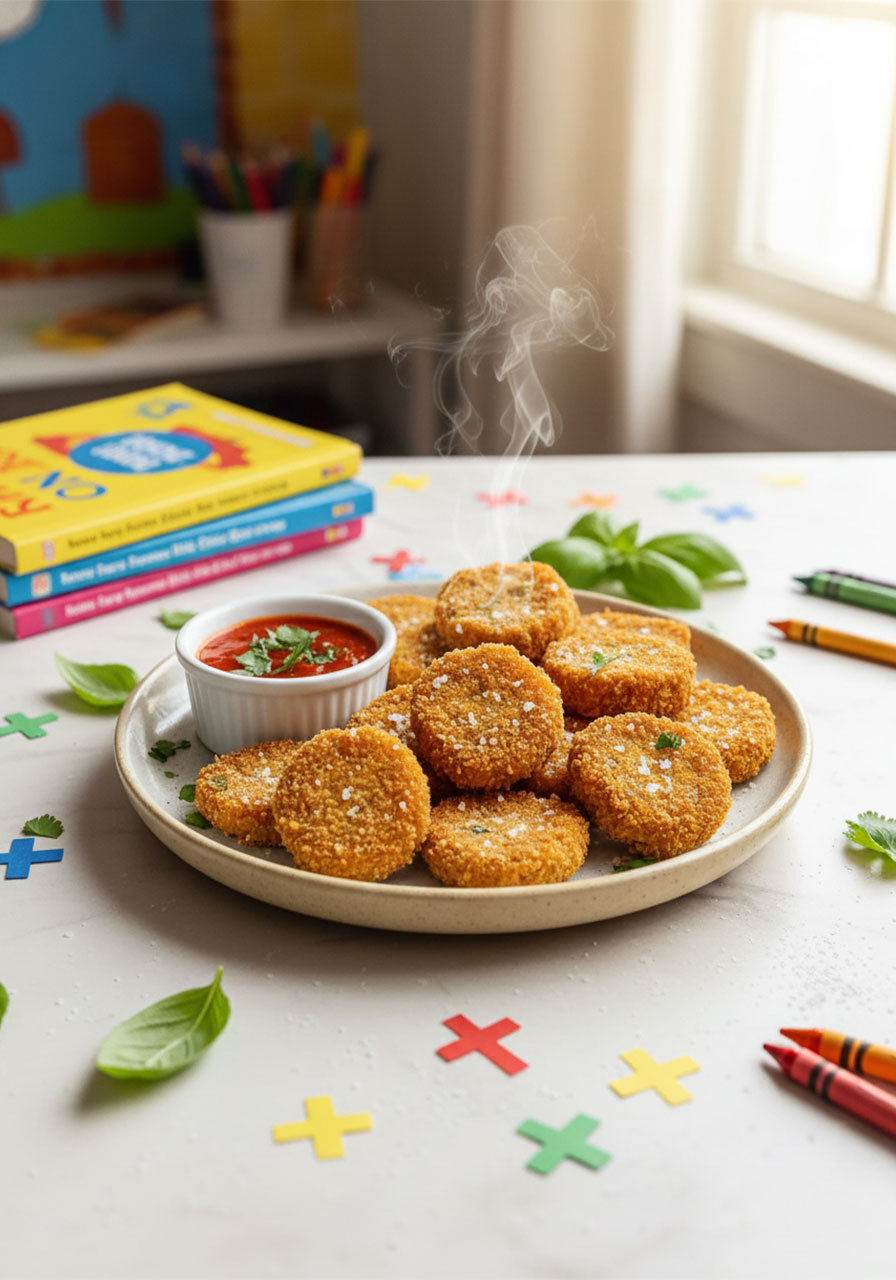 Crispy golden vegan chickpea nuggets on a ceramic plate with red dipping sauce and fresh herbs