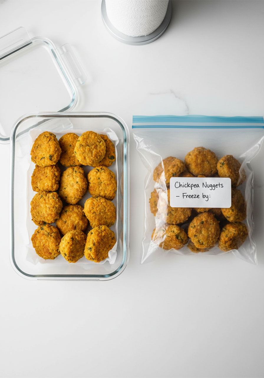Glass container and freezer bag with vegan chickpea nuggets stored for meal prep with parchment paper layers
