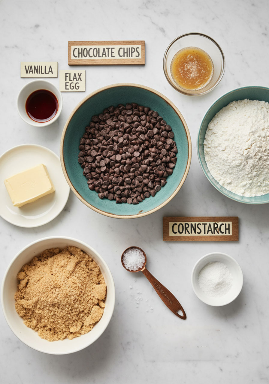 Flat lay of vegan chocolate chip cookie ingredients including flax egg, vegan butter, brown sugar, dairy-free chocolate chips, flour, and cornstarch on white marble