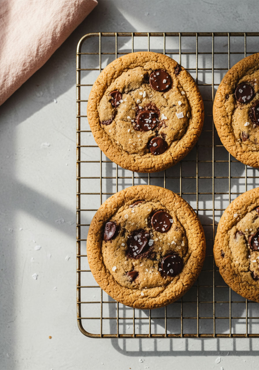 Vegan chocolate chip cookies cooling on wire rack with flaky sea salt on top, easy dairy-free cookie recipe