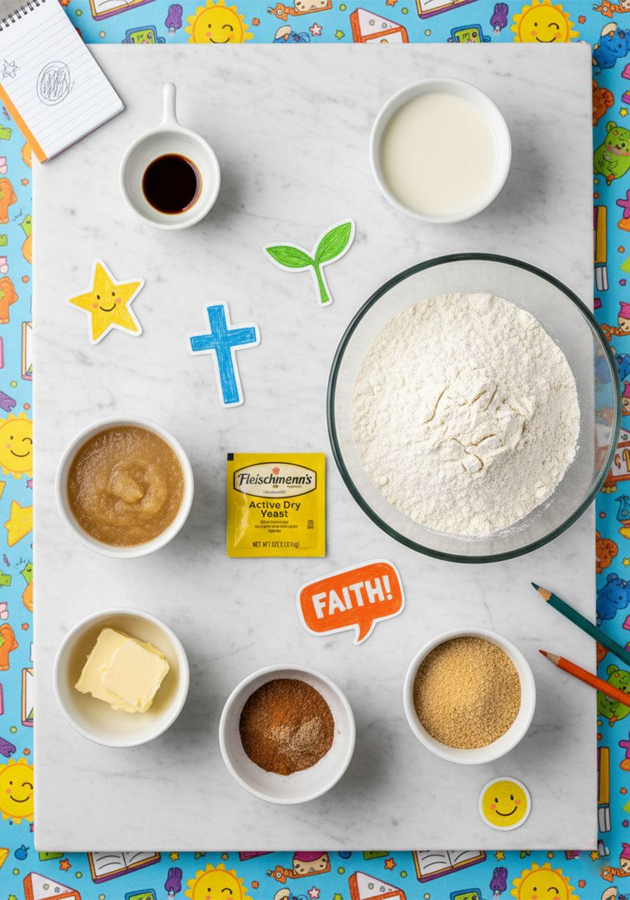 Flat lay of all vegan cinnamon roll ingredients including flour, coconut sugar, applesauce, yeast, and vegan butter on a white marble surface