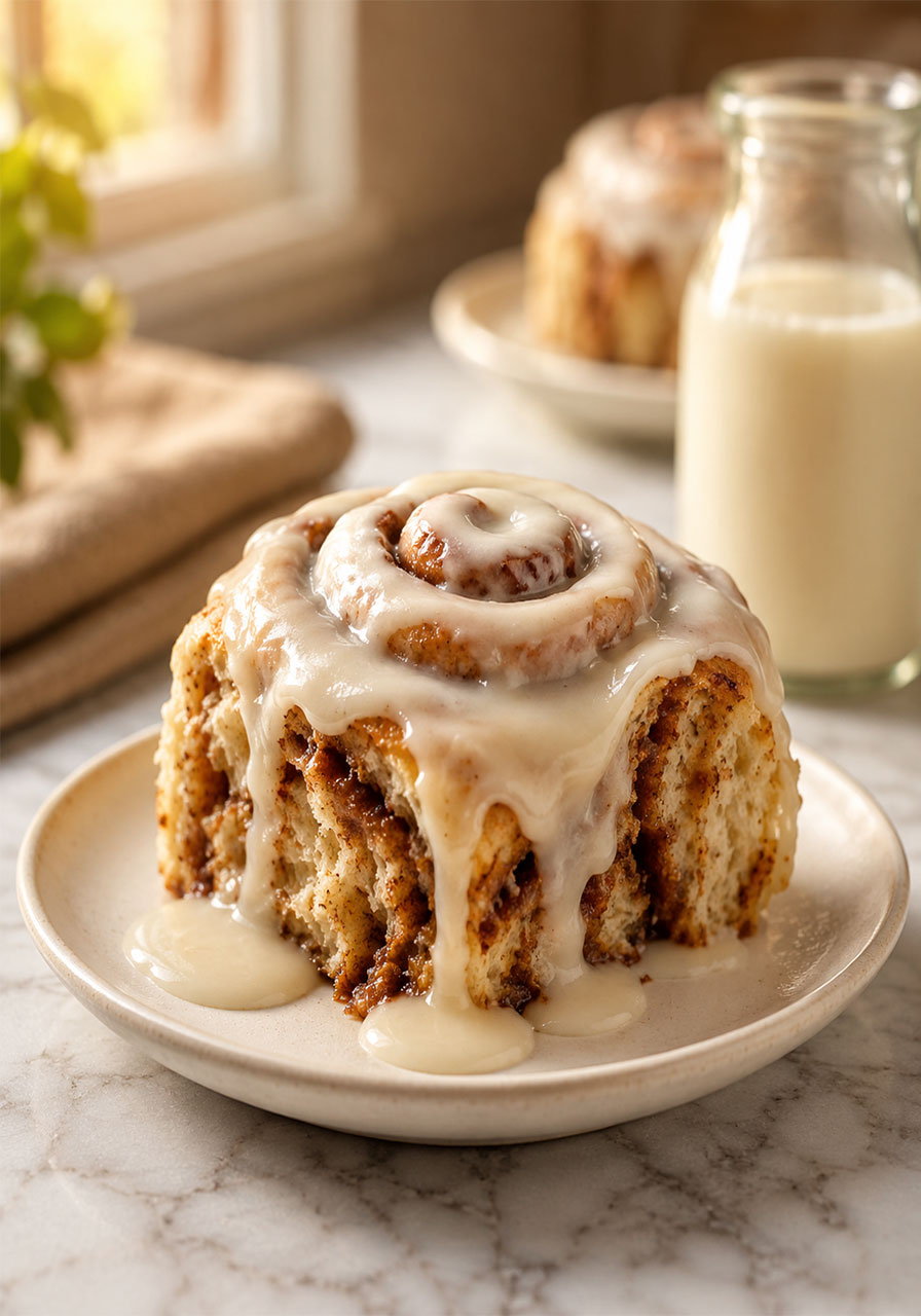 A single gooey vegan cinnamon roll with creamy dairy-free icing on a white plate for a cozy Sunday morning breakfast