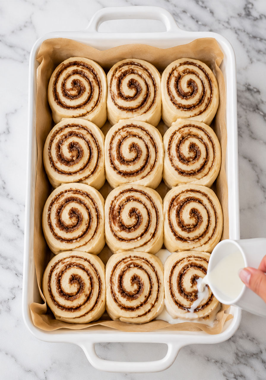 Raw vegan cinnamon rolls with cinnamon spirals arranged in a parchment-lined pan with vegan cream being added before baking