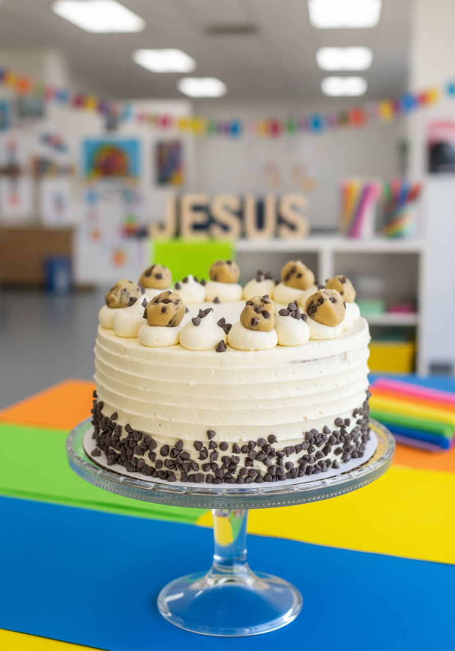 Finished vegan cookie dough cake on glass cake stand with vanilla frosting, cookie dough chunks on top, and mini chocolate chips pressed into the sides