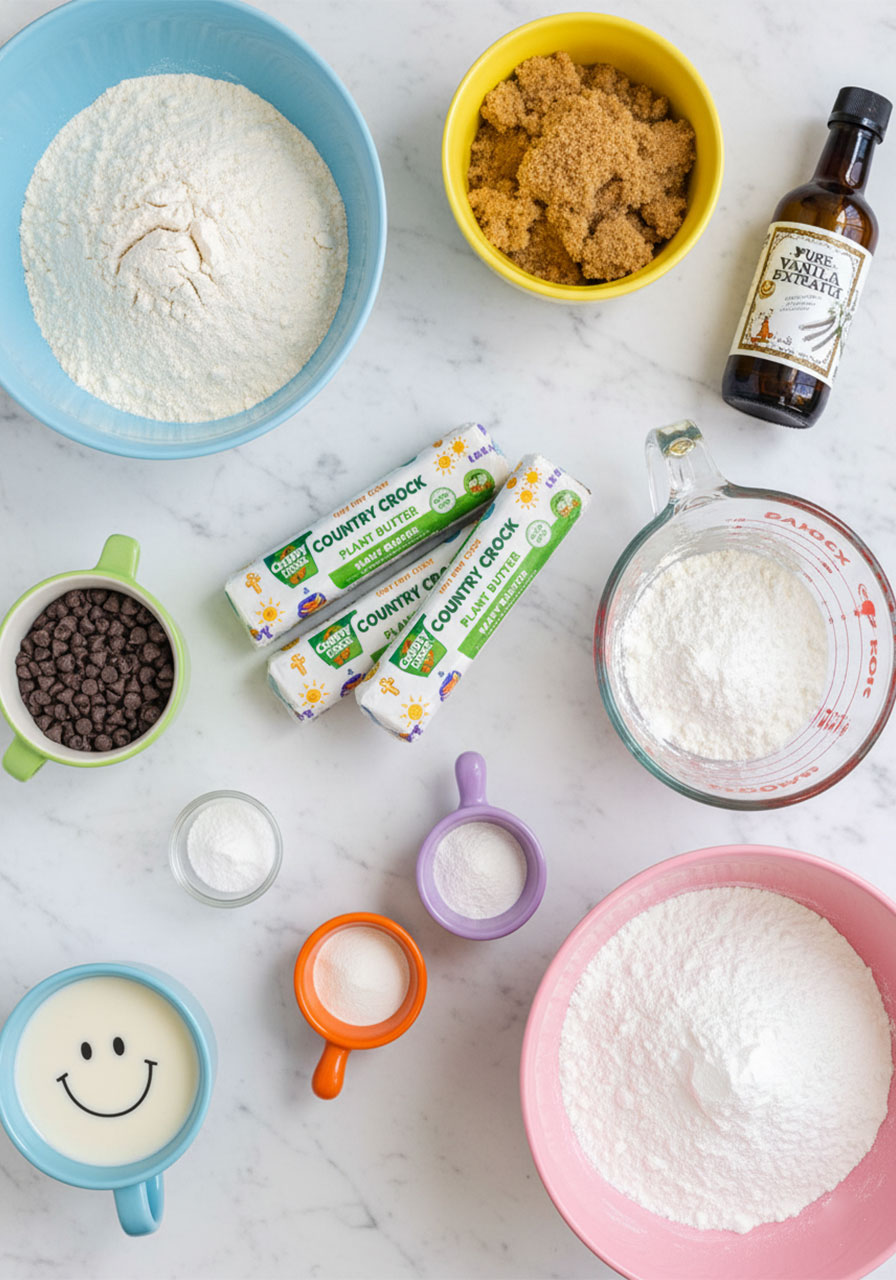 Flat-lay of all vegan cookie dough cake ingredients including plant butter, oat milk, brown sugar, flour, and mini chocolate chips on white marble