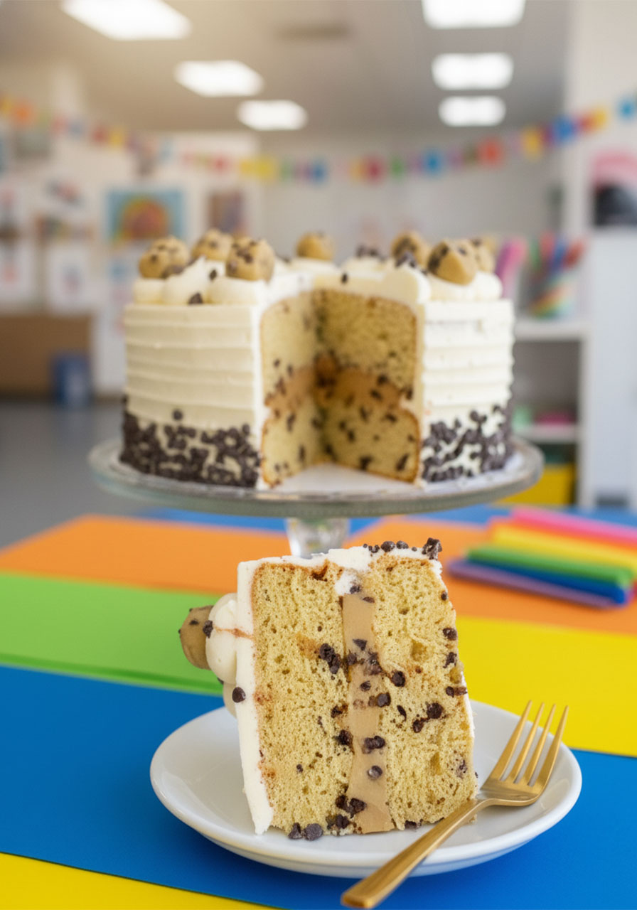 Slice of vegan cookie dough cake on white plate showing two chocolate chip cake layers with thick cookie dough filling in the middle and white vanilla frosting