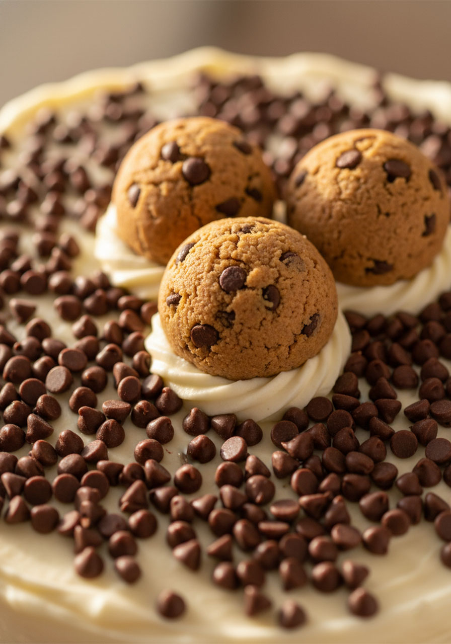 Close-up top view of vegan cookie dough cake decoration showing mini chocolate chips, cookie dough balls, and piped vanilla frosting swirls