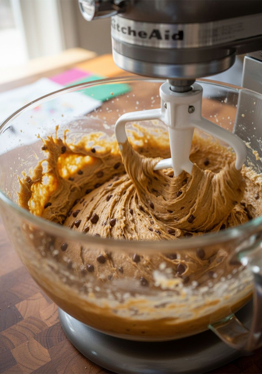Vegan chocolate chip cookie dough filling being mixed in a stand mixer glass bowl with paddle attachment, thick golden dough with mini chocolate chips