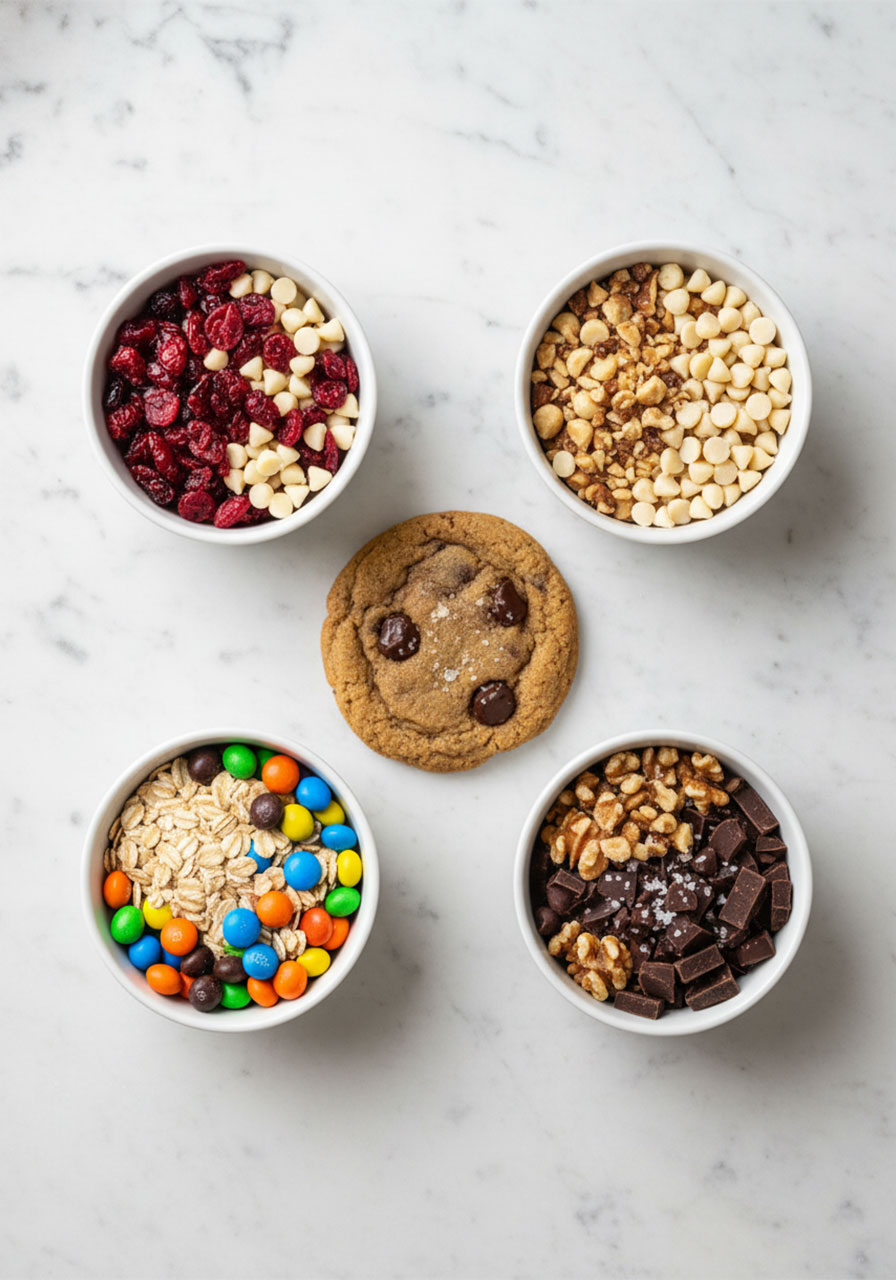 Four vegan cookie mix-in variation ideas including cranberry white chocolate, macadamia nut, monster cookie, and walnut sea salt combinations