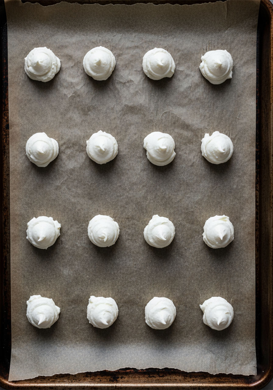 Small vegan cream cheese filling dollops arranged on parchment paper before freezing, step in making pumpkin cheesecake cookies