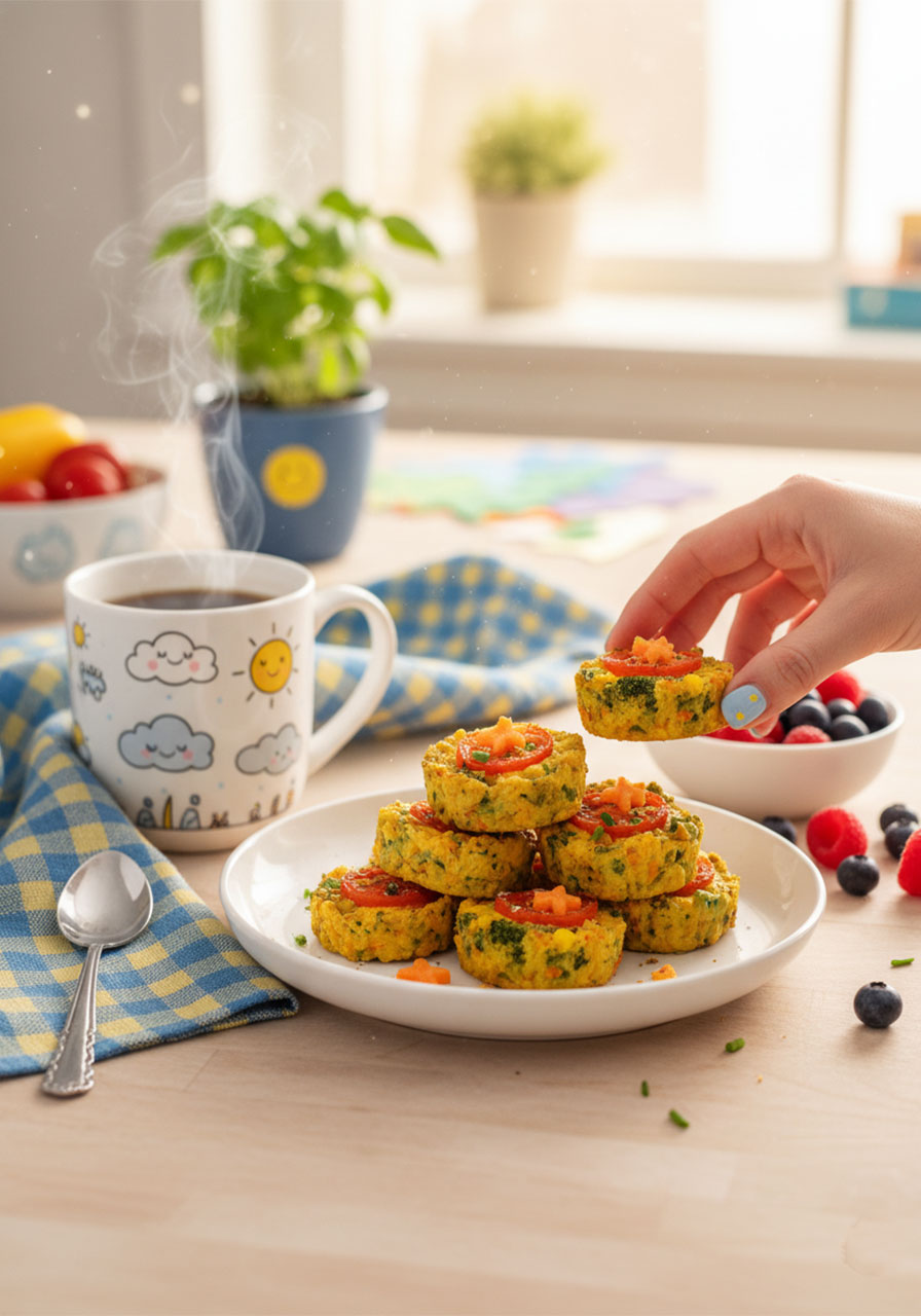 Vegan egg bites served on a white plate as part of a cozy healthy breakfast with coffee and fresh berries